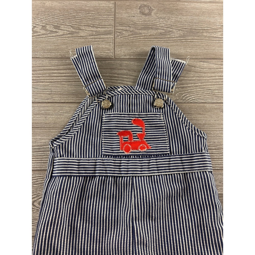 Vintage Sears Perma-Prest Toddler Boys Hickory Stripe Train Overalls Blue White - Picture 2 of 8